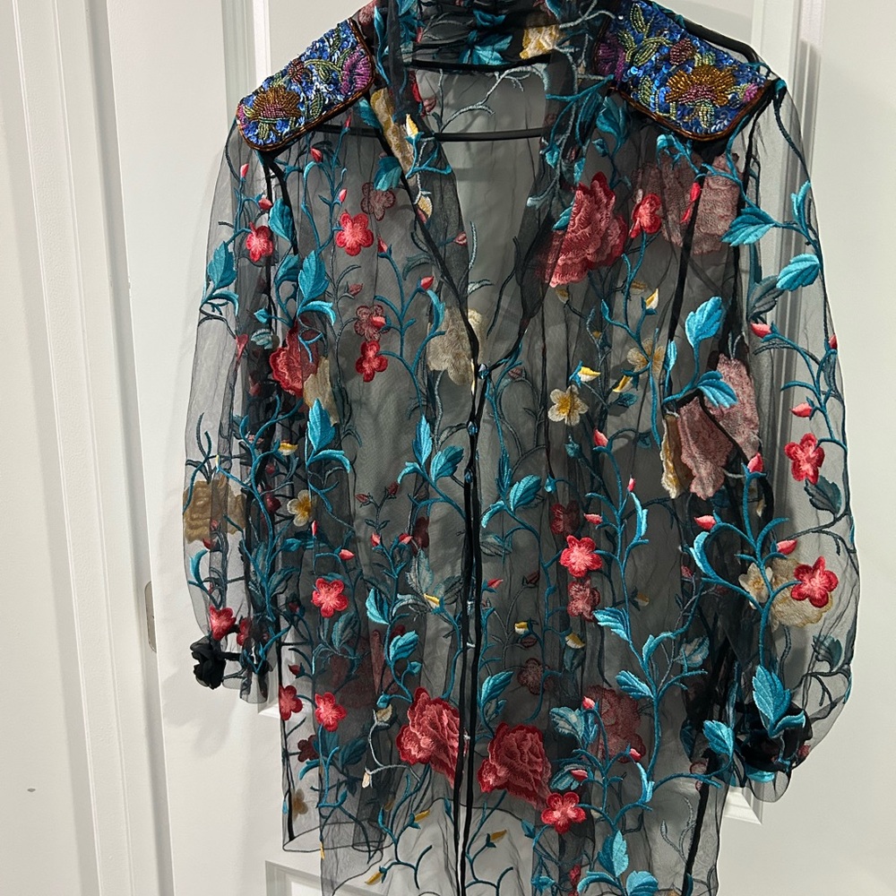 Vibrant Floral Embroidered‎ Sheer Blouse